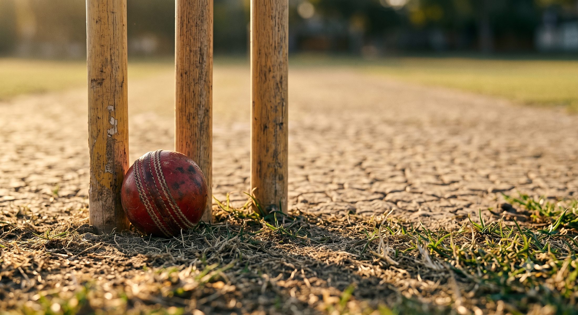 A worn cricket ball resting at the base of weathered stumps at the end of the day
