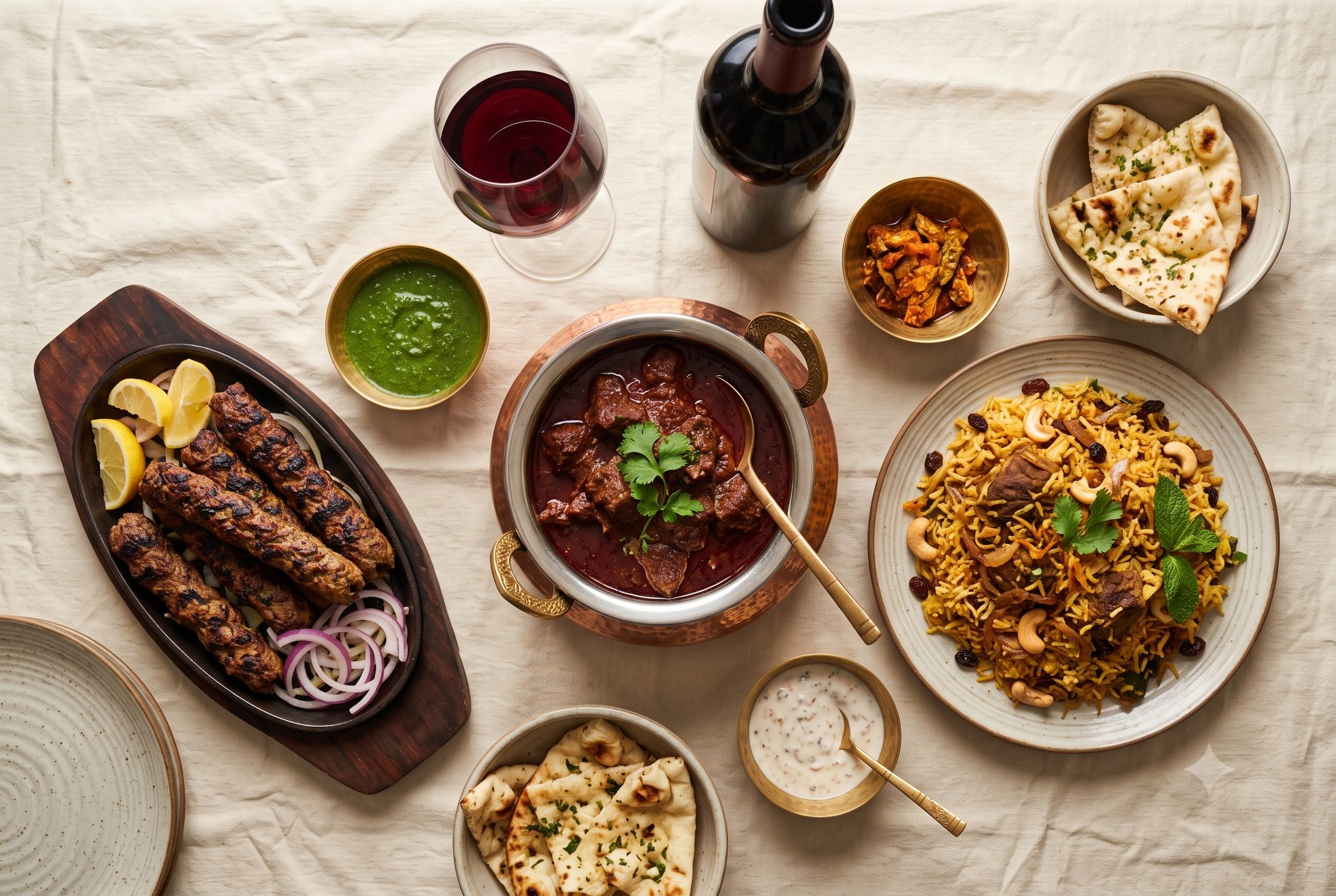 An Indian meal of rogan josh, biryani and kebabs, set with a glass of red wine