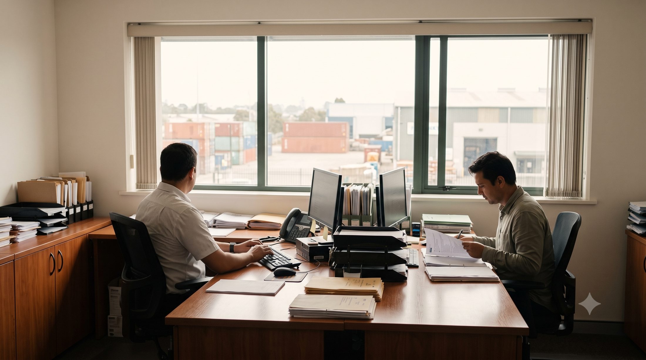The AI Logistics office, with the container yard visible through the window