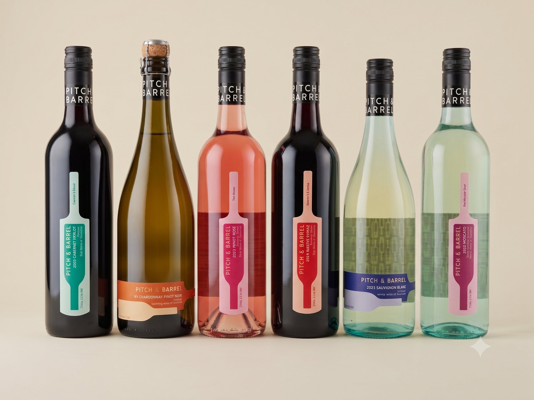 The six Pitch & Barrel wines standing together
