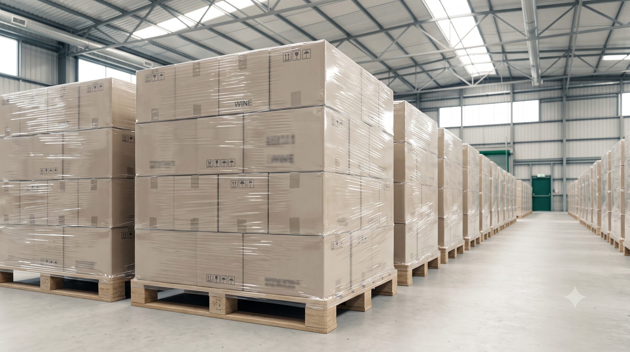 Sealed wine cases stacked on pallets in a bonded warehouse