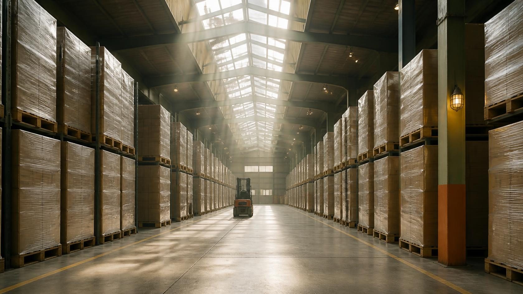 Bonded warehouse aisle with shrink-wrapped pallets under skylights